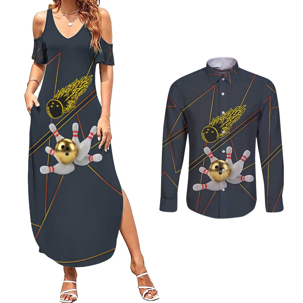 Custom Golden Bowling Shirts For Men, Flame Bowling Couples Matching Summer Maxi Dress and Long Sleeve Button Shirt with Flaming Bowling Ball Striking Pins And Geometric Line Pattern - Wonder Print Shop