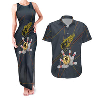 Custom Golden Bowling Shirts For Men, Flame Bowling Couples Matching Tank Maxi Dress and Hawaiian Shirt with Flaming Bowling Ball Striking Pins And Geometric Line Pattern - Wonder Print Shop