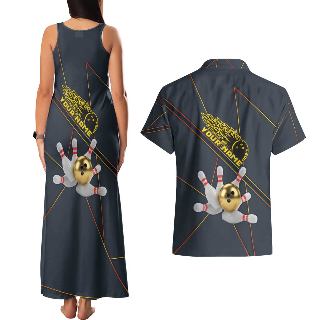 Custom Golden Bowling Shirts For Men, Flame Bowling Couples Matching Tank Maxi Dress and Hawaiian Shirt with Flaming Bowling Ball Striking Pins And Geometric Line Pattern - Wonder Print Shop
