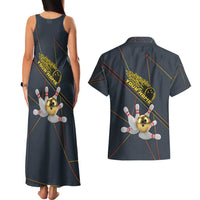Custom Golden Bowling Shirts For Men, Flame Bowling Couples Matching Tank Maxi Dress and Hawaiian Shirt with Flaming Bowling Ball Striking Pins And Geometric Line Pattern - Wonder Print Shop
