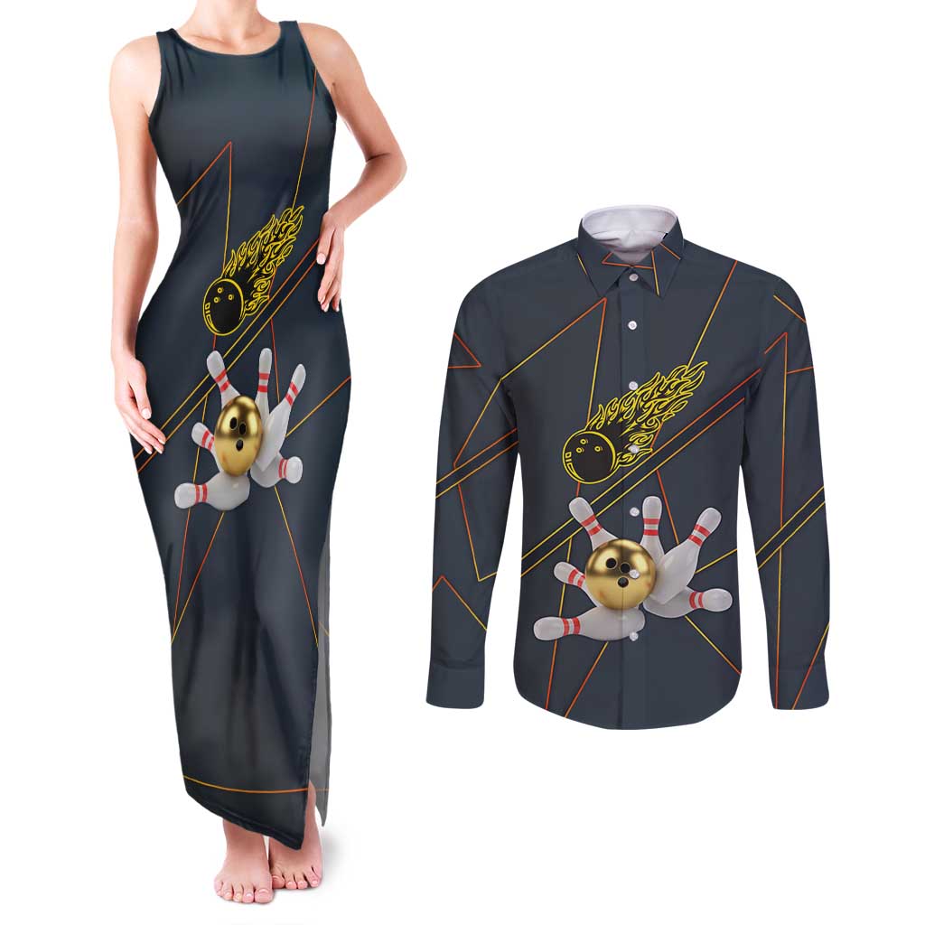 Custom Golden Bowling Shirts For Men, Flame Bowling Couples Matching Tank Maxi Dress and Long Sleeve Button Shirt with Flaming Bowling Ball Striking Pins And Geometric Line Pattern - Wonder Print Shop