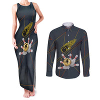 Custom Golden Bowling Shirts For Men, Flame Bowling Couples Matching Tank Maxi Dress and Long Sleeve Button Shirt with Flaming Bowling Ball Striking Pins And Geometric Line Pattern - Wonder Print Shop