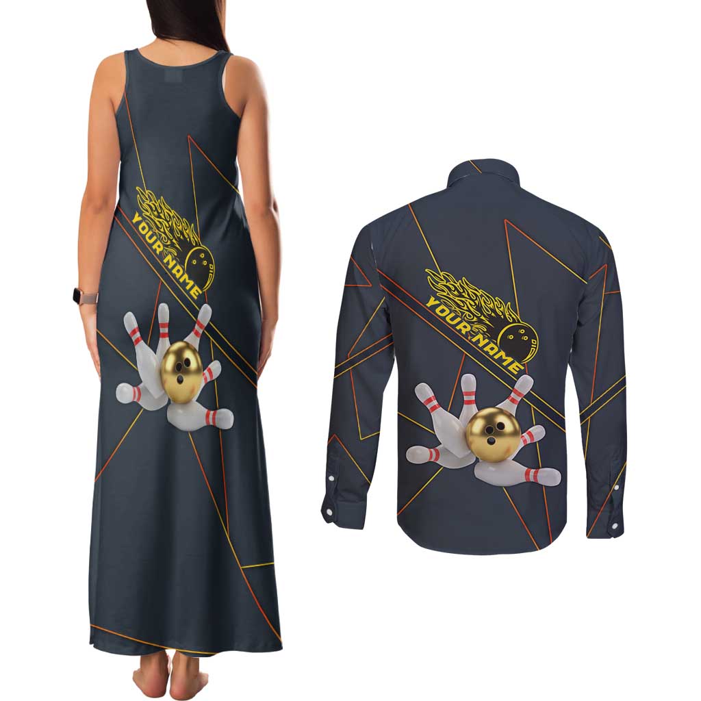 Custom Golden Bowling Shirts For Men, Flame Bowling Couples Matching Tank Maxi Dress and Long Sleeve Button Shirt with Flaming Bowling Ball Striking Pins And Geometric Line Pattern - Wonder Print Shop