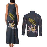 Custom Golden Bowling Shirts For Men, Flame Bowling Couples Matching Tank Maxi Dress and Long Sleeve Button Shirt with Flaming Bowling Ball Striking Pins And Geometric Line Pattern - Wonder Print Shop