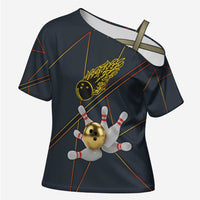 Custom Golden Bowling Shirts For Men, Flame Bowling Cross Shoulder Shirt with Flaming Bowling Ball Striking Pins And Geometric Line Pattern - Wonder Print Shop