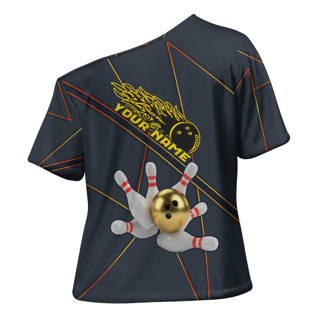 Custom Golden Bowling Shirts For Men, Flame Bowling Cross Shoulder Shirt with Flaming Bowling Ball Striking Pins And Geometric Line Pattern - Wonder Print Shop