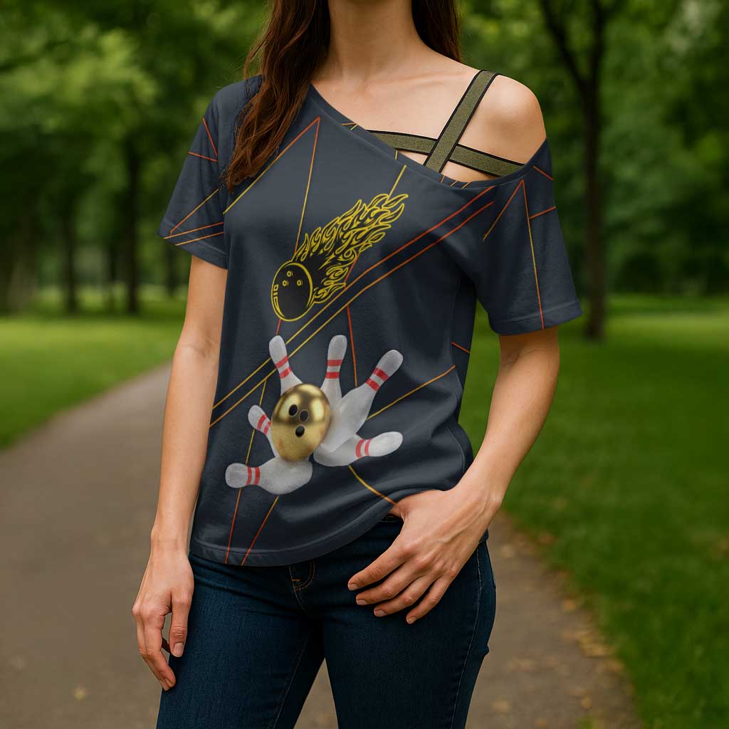 Custom Golden Bowling Shirts For Men, Flame Bowling Cross Shoulder Shirt with Flaming Bowling Ball Striking Pins And Geometric Line Pattern - Wonder Print Shop