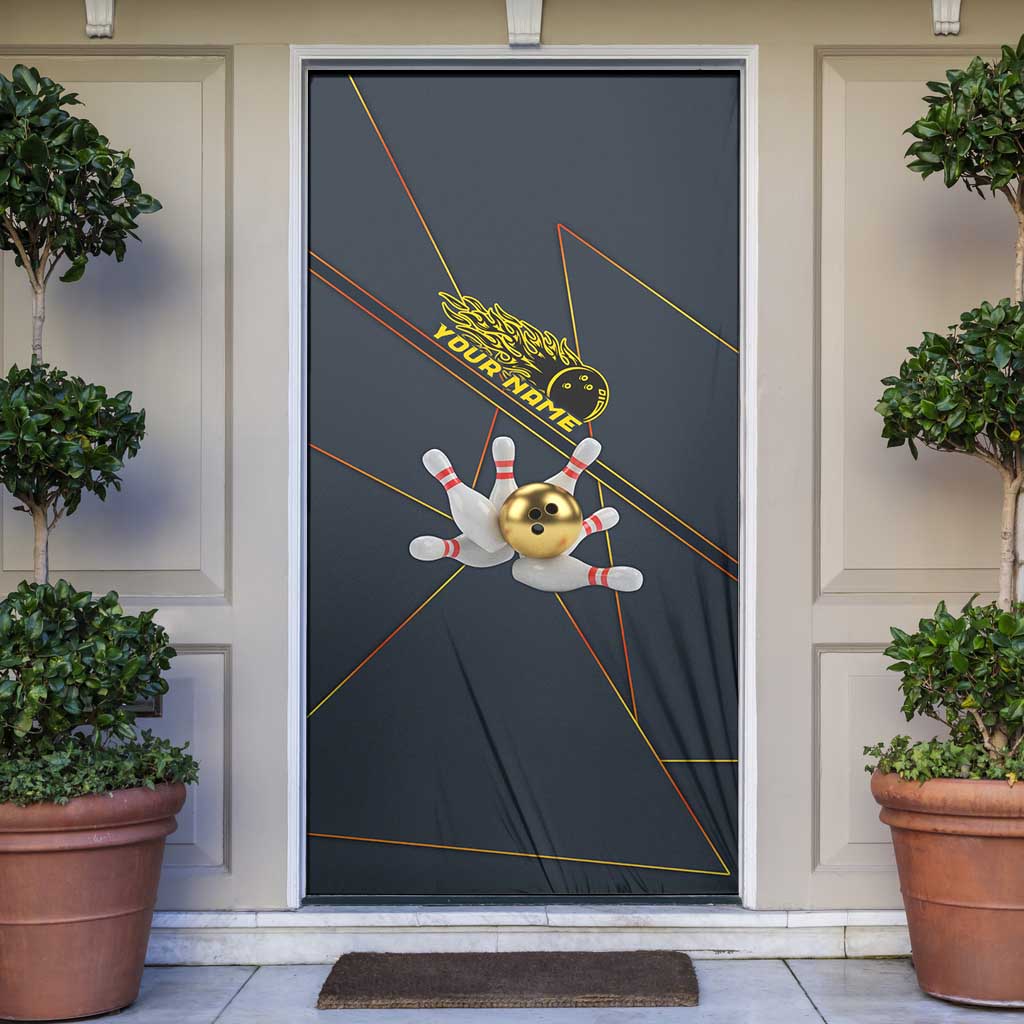 Custom Golden Bowling Shirts For Men, Flame Bowling Door Cover with Flaming Bowling Ball Striking Pins And Geometric Line Pattern - Wonder Print Shop