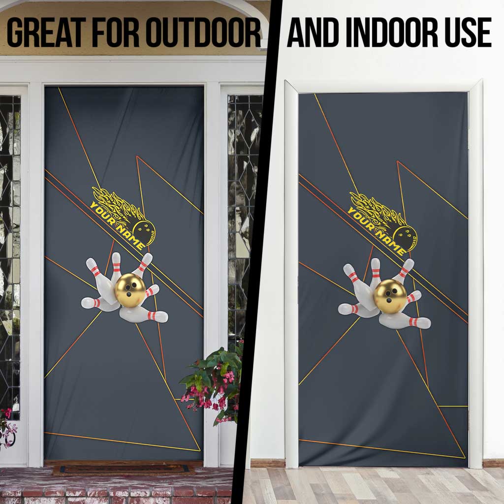 Custom Golden Bowling Shirts For Men, Flame Bowling Door Cover with Flaming Bowling Ball Striking Pins And Geometric Line Pattern - Wonder Print Shop