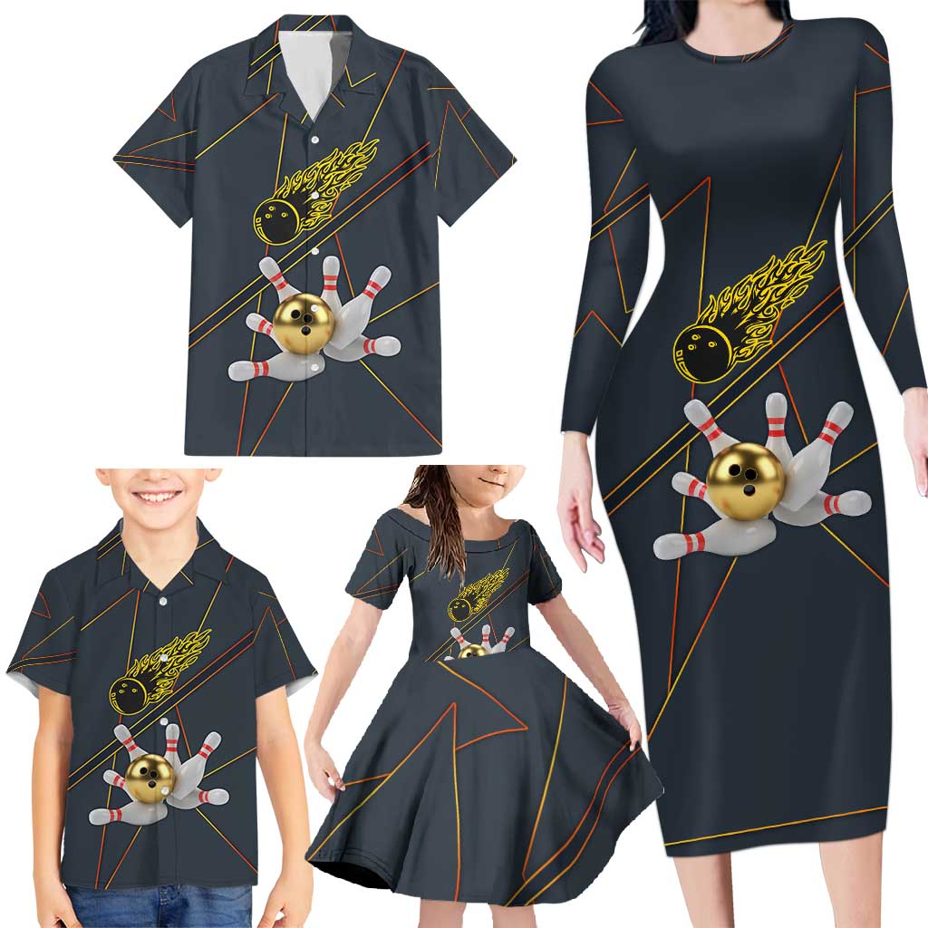 Custom Golden Bowling Shirts For Men, Flame Bowling Family Matching Long Sleeve Bodycon Dress and Hawaiian Shirt with Flaming Bowling Ball Striking Pins And Geometric Line Pattern - Wonder Print Shop