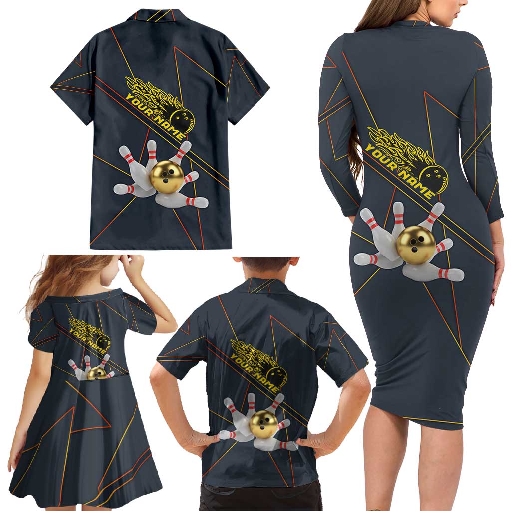 Custom Golden Bowling Shirts For Men, Flame Bowling Family Matching Long Sleeve Bodycon Dress and Hawaiian Shirt with Flaming Bowling Ball Striking Pins And Geometric Line Pattern - Wonder Print Shop