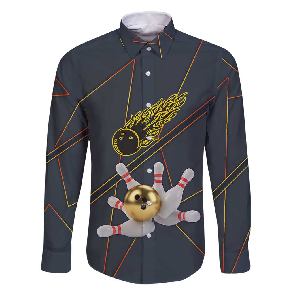 Custom Golden Bowling Shirts For Men, Flame Bowling Family Matching Long Sleeve Bodycon Dress and Hawaiian Shirt with Flaming Bowling Ball Striking Pins And Geometric Line Pattern - Wonder Print Shop