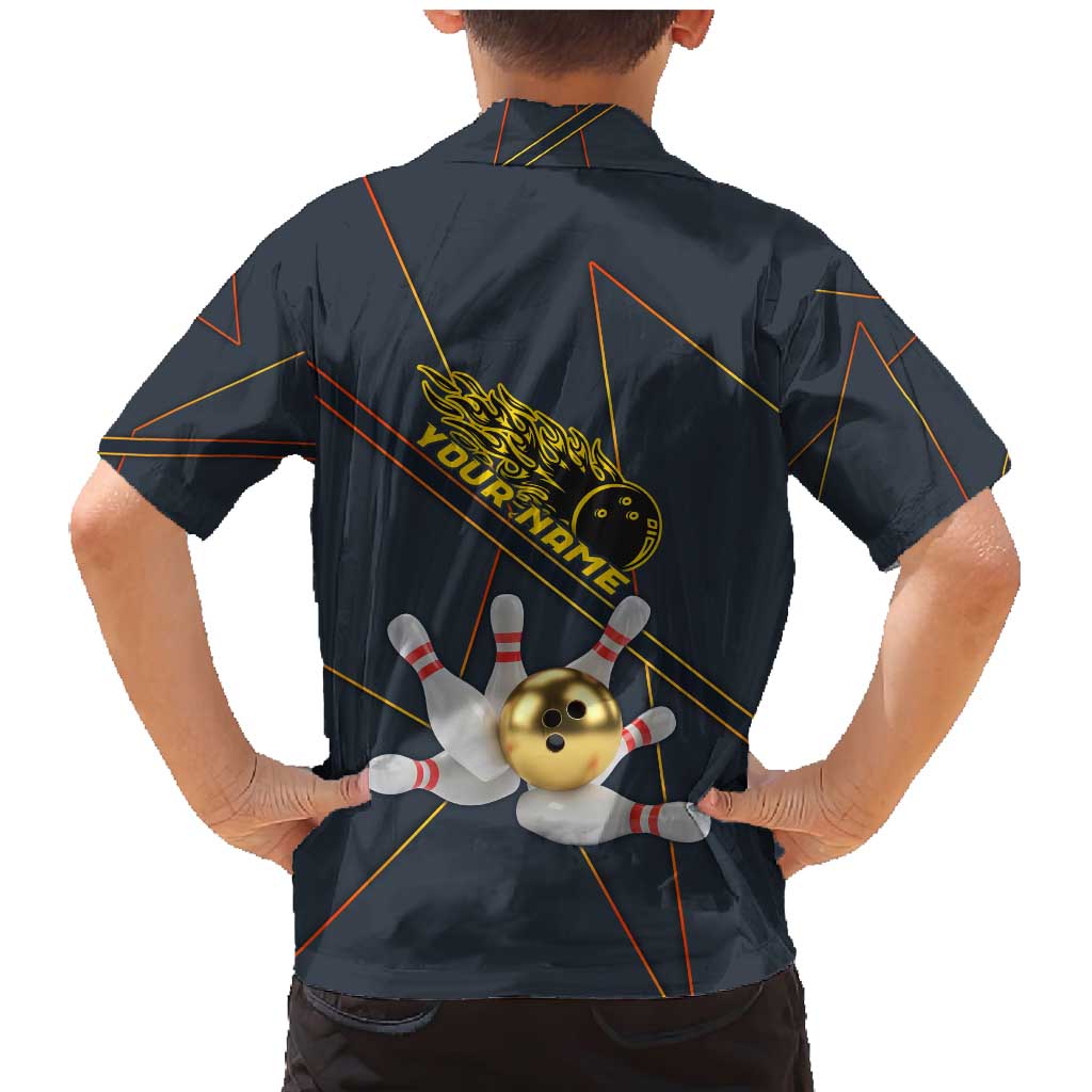 Custom Golden Bowling Shirts For Men, Flame Bowling Family Matching Mermaid Dress and Hawaiian Shirt with Flaming Bowling Ball Striking Pins And Geometric Line Pattern - Wonder Print Shop