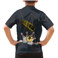 Custom Golden Bowling Shirts For Men, Flame Bowling Family Matching Mermaid Dress and Hawaiian Shirt with Flaming Bowling Ball Striking Pins And Geometric Line Pattern - Wonder Print Shop