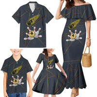 Custom Golden Bowling Shirts For Men, Flame Bowling Family Matching Mermaid Dress and Hawaiian Shirt with Flaming Bowling Ball Striking Pins And Geometric Line Pattern - Wonder Print Shop