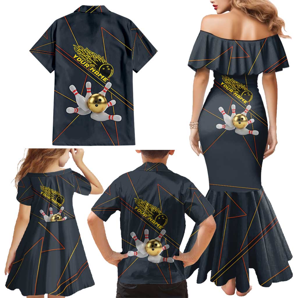 Custom Golden Bowling Shirts For Men, Flame Bowling Family Matching Mermaid Dress and Hawaiian Shirt with Flaming Bowling Ball Striking Pins And Geometric Line Pattern - Wonder Print Shop