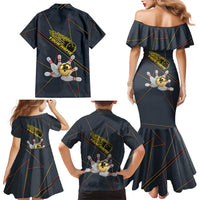 Custom Golden Bowling Shirts For Men, Flame Bowling Family Matching Mermaid Dress and Hawaiian Shirt with Flaming Bowling Ball Striking Pins And Geometric Line Pattern - Wonder Print Shop