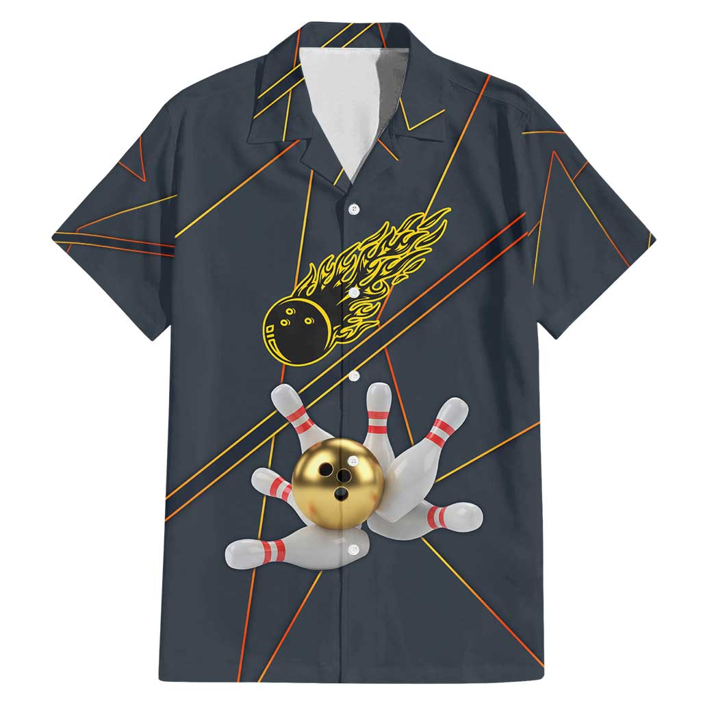 Custom Golden Bowling Shirts For Men, Flame Bowling Family Matching Mermaid Dress and Hawaiian Shirt with Flaming Bowling Ball Striking Pins And Geometric Line Pattern - Wonder Print Shop