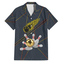 Custom Golden Bowling Shirts For Men, Flame Bowling Family Matching Mermaid Dress and Hawaiian Shirt with Flaming Bowling Ball Striking Pins And Geometric Line Pattern - Wonder Print Shop