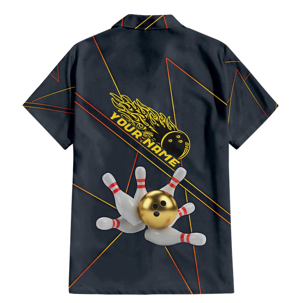 Custom Golden Bowling Shirts For Men, Flame Bowling Family Matching Mermaid Dress and Hawaiian Shirt with Flaming Bowling Ball Striking Pins And Geometric Line Pattern - Wonder Print Shop