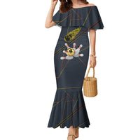 Custom Golden Bowling Shirts For Men, Flame Bowling Family Matching Mermaid Dress and Hawaiian Shirt with Flaming Bowling Ball Striking Pins And Geometric Line Pattern - Wonder Print Shop
