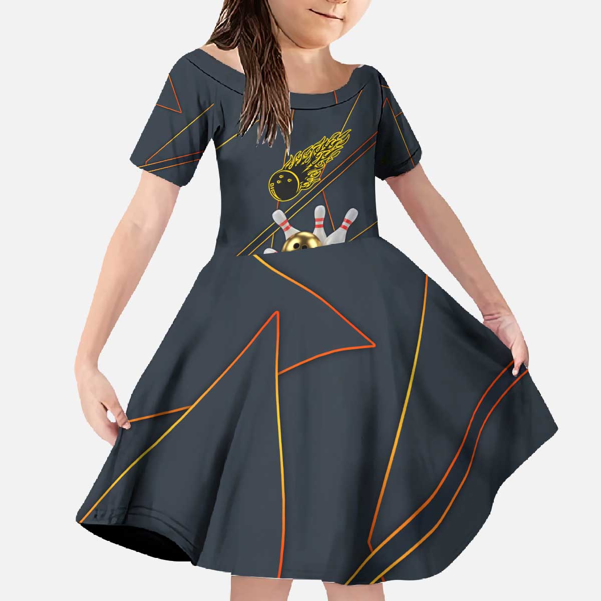 Custom Golden Bowling Shirts For Men, Flame Bowling Family Matching Off The Shoulder Long Sleeve Dress and Hawaiian Shirt with Flaming Bowling Ball Striking Pins And Geometric Line Pattern - Wonder Print Shop