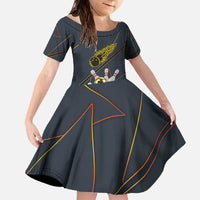 Custom Golden Bowling Shirts For Men, Flame Bowling Family Matching Off The Shoulder Long Sleeve Dress and Hawaiian Shirt with Flaming Bowling Ball Striking Pins And Geometric Line Pattern - Wonder Print Shop