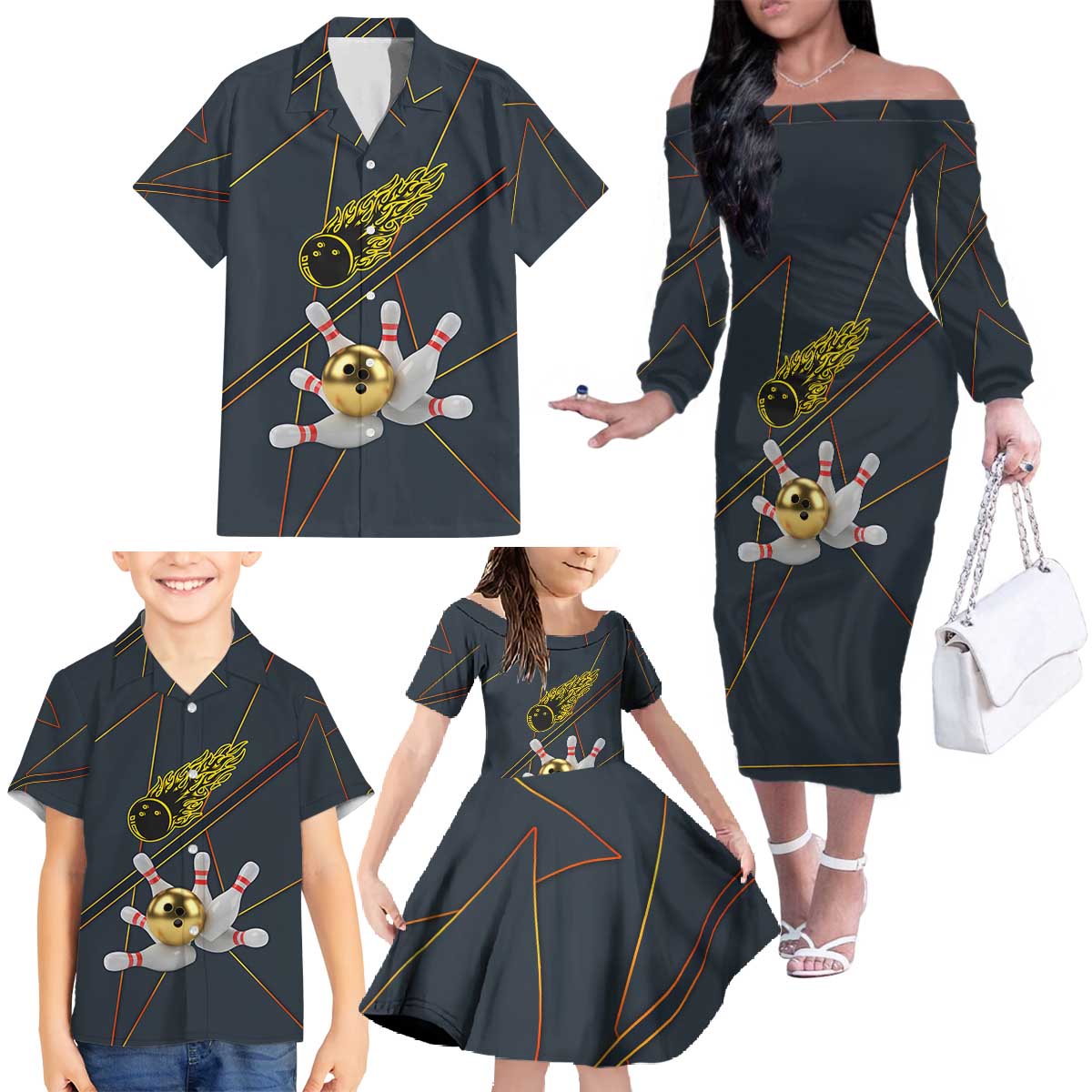Custom Golden Bowling Shirts For Men, Flame Bowling Family Matching Off The Shoulder Long Sleeve Dress and Hawaiian Shirt with Flaming Bowling Ball Striking Pins And Geometric Line Pattern - Wonder Print Shop