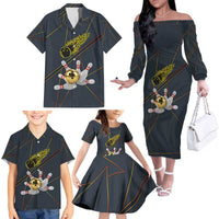 Custom Golden Bowling Shirts For Men, Flame Bowling Family Matching Off The Shoulder Long Sleeve Dress and Hawaiian Shirt with Flaming Bowling Ball Striking Pins And Geometric Line Pattern - Wonder Print Shop