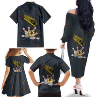 Custom Golden Bowling Shirts For Men, Flame Bowling Family Matching Off The Shoulder Long Sleeve Dress and Hawaiian Shirt with Flaming Bowling Ball Striking Pins And Geometric Line Pattern - Wonder Print Shop