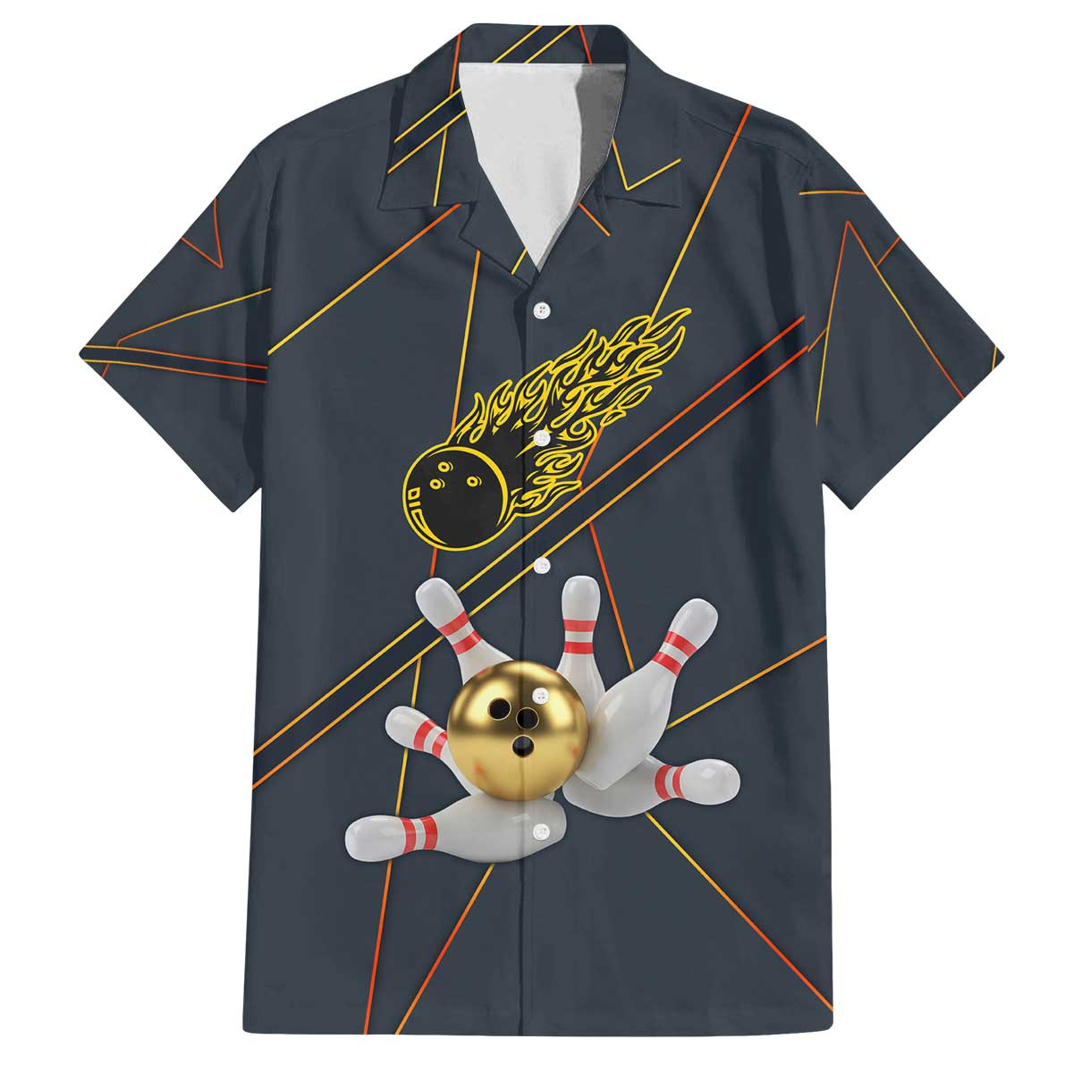 Custom Golden Bowling Shirts For Men, Flame Bowling Family Matching Off The Shoulder Long Sleeve Dress and Hawaiian Shirt with Flaming Bowling Ball Striking Pins And Geometric Line Pattern - Wonder Print Shop