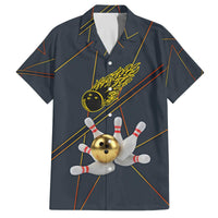 Custom Golden Bowling Shirts For Men, Flame Bowling Family Matching Off The Shoulder Long Sleeve Dress and Hawaiian Shirt with Flaming Bowling Ball Striking Pins And Geometric Line Pattern - Wonder Print Shop