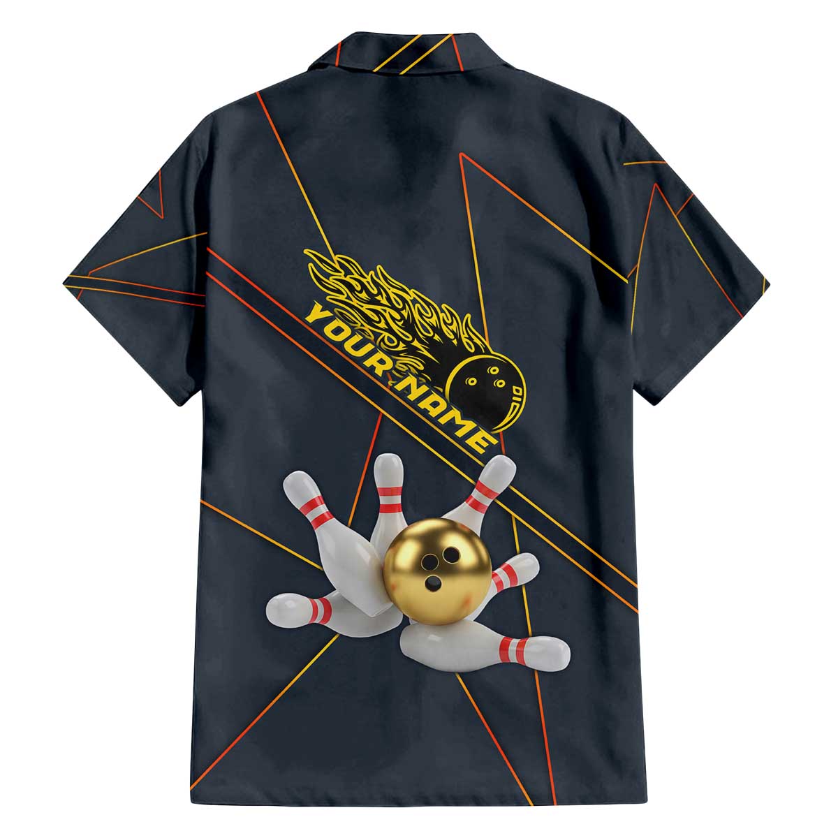 Custom Golden Bowling Shirts For Men, Flame Bowling Family Matching Off The Shoulder Long Sleeve Dress and Hawaiian Shirt with Flaming Bowling Ball Striking Pins And Geometric Line Pattern - Wonder Print Shop