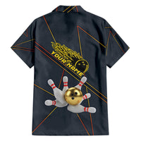 Custom Golden Bowling Shirts For Men, Flame Bowling Family Matching Off The Shoulder Long Sleeve Dress and Hawaiian Shirt with Flaming Bowling Ball Striking Pins And Geometric Line Pattern - Wonder Print Shop