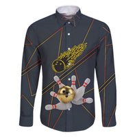 Custom Golden Bowling Shirts For Men, Flame Bowling Family Matching Off The Shoulder Long Sleeve Dress and Hawaiian Shirt with Flaming Bowling Ball Striking Pins And Geometric Line Pattern - Wonder Print Shop