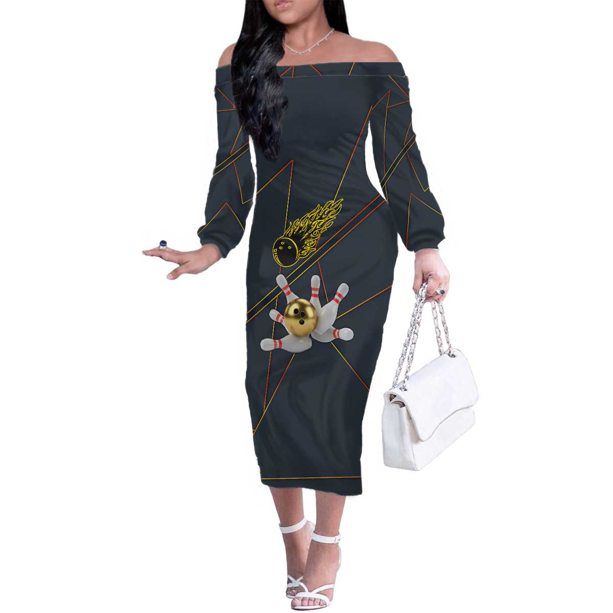 Custom Golden Bowling Shirts For Men, Flame Bowling Family Matching Off The Shoulder Long Sleeve Dress and Hawaiian Shirt with Flaming Bowling Ball Striking Pins And Geometric Line Pattern - Wonder Print Shop