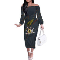 Custom Golden Bowling Shirts For Men, Flame Bowling Family Matching Off The Shoulder Long Sleeve Dress and Hawaiian Shirt with Flaming Bowling Ball Striking Pins And Geometric Line Pattern - Wonder Print Shop