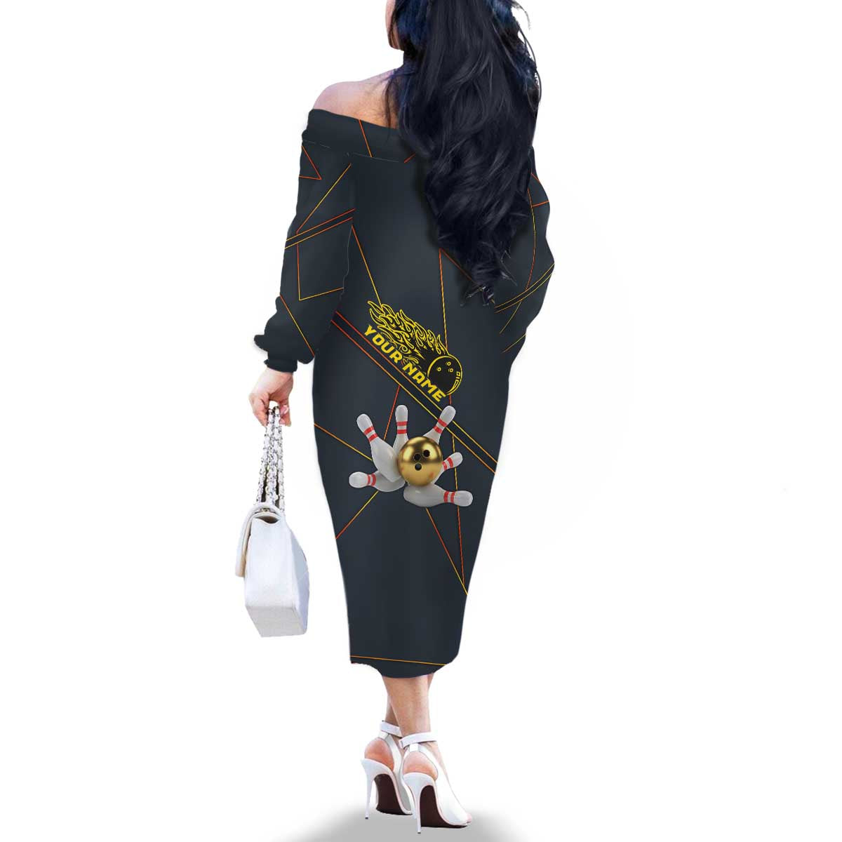 Custom Golden Bowling Shirts For Men, Flame Bowling Family Matching Off The Shoulder Long Sleeve Dress and Hawaiian Shirt with Flaming Bowling Ball Striking Pins And Geometric Line Pattern - Wonder Print Shop