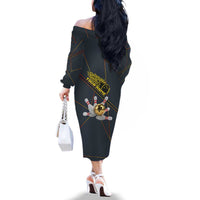 Custom Golden Bowling Shirts For Men, Flame Bowling Family Matching Off The Shoulder Long Sleeve Dress and Hawaiian Shirt with Flaming Bowling Ball Striking Pins And Geometric Line Pattern - Wonder Print Shop