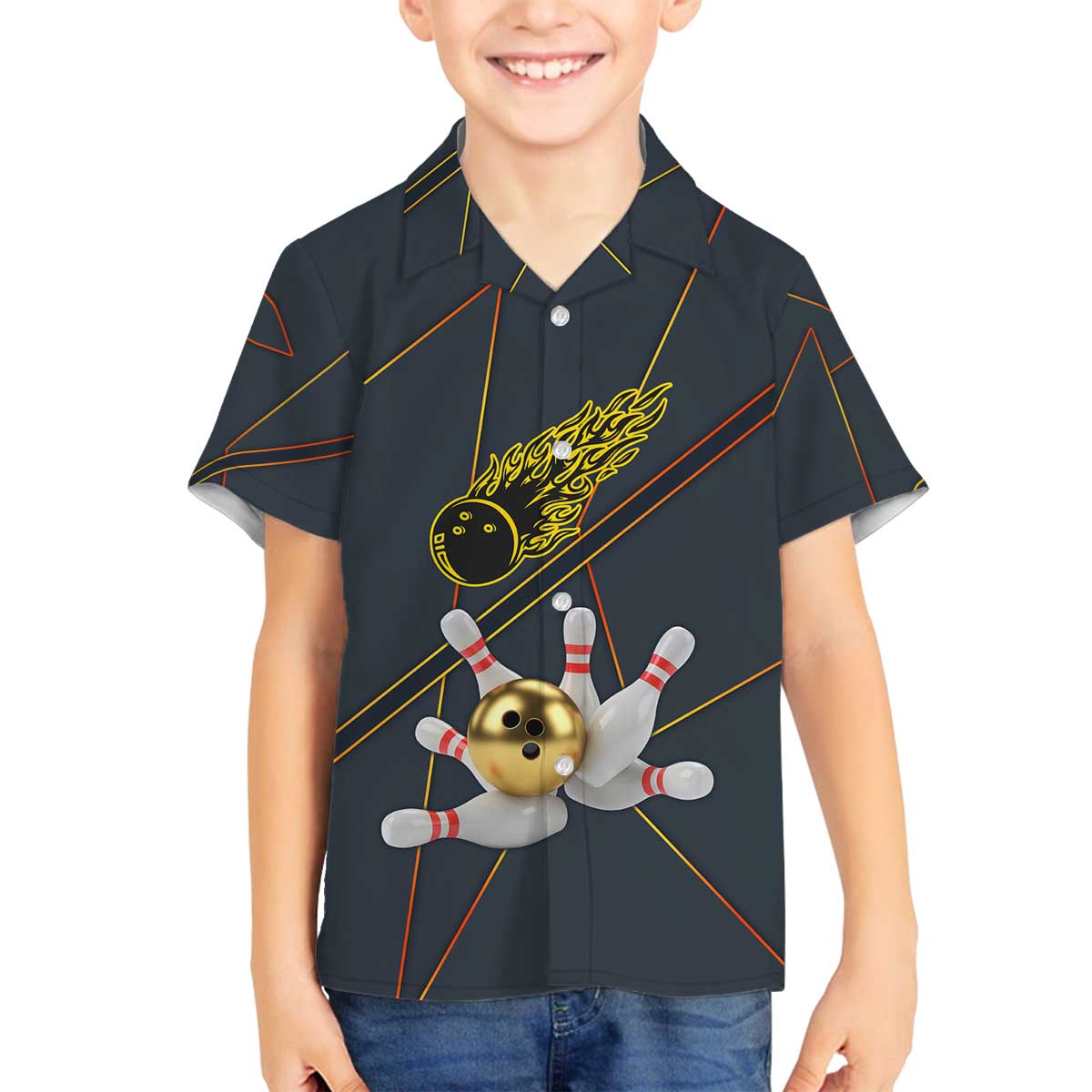 Custom Golden Bowling Shirts For Men, Flame Bowling Family Matching Off The Shoulder Long Sleeve Dress and Hawaiian Shirt with Flaming Bowling Ball Striking Pins And Geometric Line Pattern - Wonder Print Shop