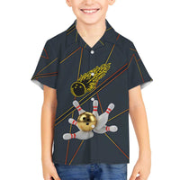 Custom Golden Bowling Shirts For Men, Flame Bowling Family Matching Off The Shoulder Long Sleeve Dress and Hawaiian Shirt with Flaming Bowling Ball Striking Pins And Geometric Line Pattern - Wonder Print Shop