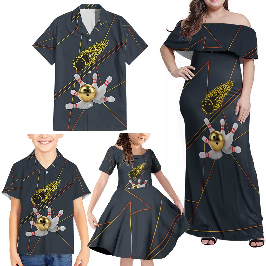 Custom Golden Bowling Shirts For Men, Flame Bowling Family Matching Off Shoulder Maxi Dress and Hawaiian Shirt with Flaming Bowling Ball Striking Pins And Geometric Line Pattern - Wonder Print Shop