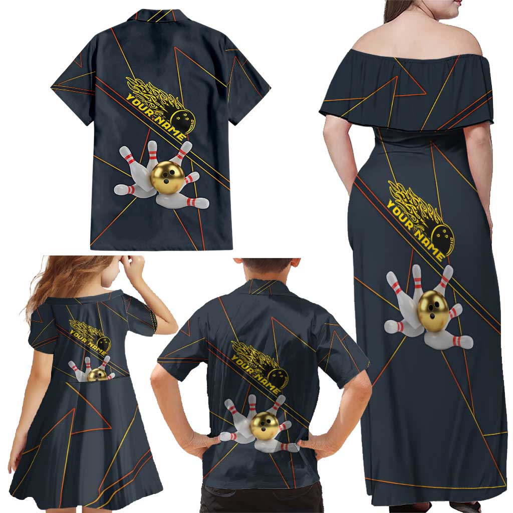 Custom Golden Bowling Shirts For Men, Flame Bowling Family Matching Off Shoulder Maxi Dress and Hawaiian Shirt with Flaming Bowling Ball Striking Pins And Geometric Line Pattern - Wonder Print Shop