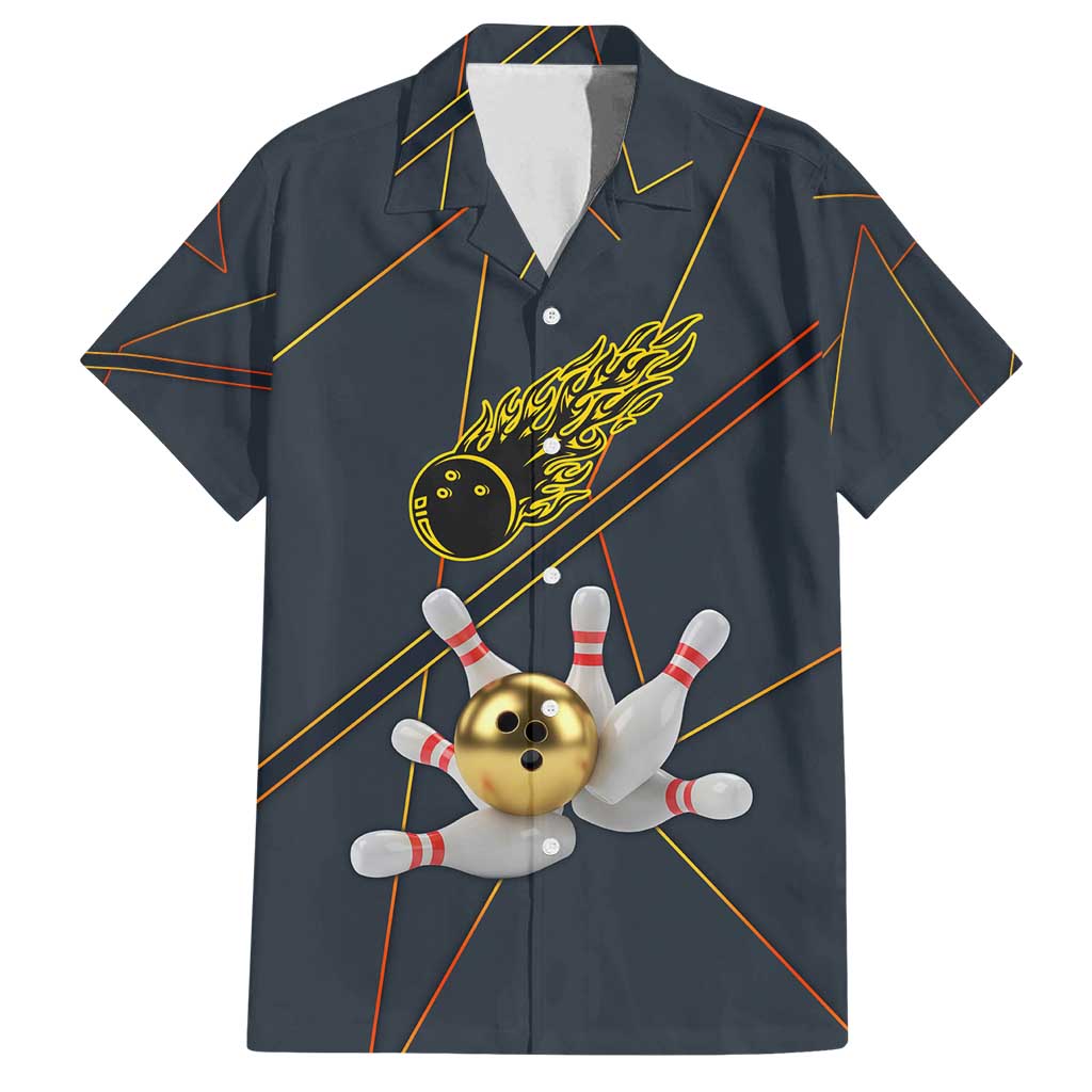 Custom Golden Bowling Shirts For Men, Flame Bowling Family Matching Off Shoulder Maxi Dress and Hawaiian Shirt with Flaming Bowling Ball Striking Pins And Geometric Line Pattern - Wonder Print Shop