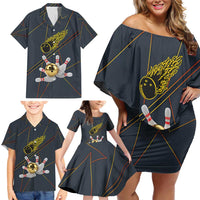 Custom Golden Bowling Shirts For Men, Flame Bowling Family Matching Off Shoulder Short Dress and Hawaiian Shirt with Flaming Bowling Ball Striking Pins And Geometric Line Pattern - Wonder Print Shop