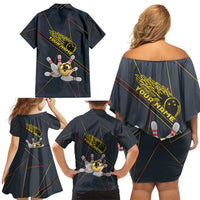 Custom Golden Bowling Shirts For Men, Flame Bowling Family Matching Off Shoulder Short Dress and Hawaiian Shirt with Flaming Bowling Ball Striking Pins And Geometric Line Pattern - Wonder Print Shop