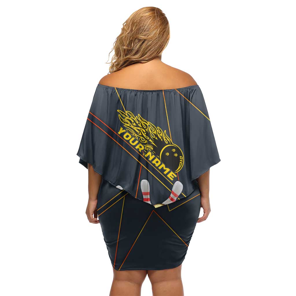 Custom Golden Bowling Shirts For Men, Flame Bowling Family Matching Off Shoulder Short Dress and Hawaiian Shirt with Flaming Bowling Ball Striking Pins And Geometric Line Pattern - Wonder Print Shop