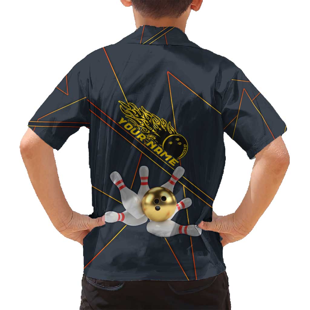 Custom Golden Bowling Shirts For Men, Flame Bowling Family Matching Puletasi and Hawaiian Shirt with Flaming Bowling Ball Striking Pins And Geometric Line Pattern - Wonder Print Shop