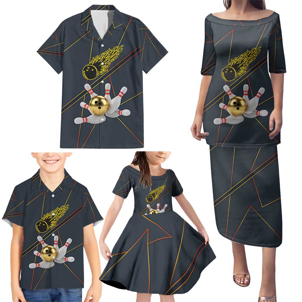 Custom Golden Bowling Shirts For Men, Flame Bowling Family Matching Puletasi and Hawaiian Shirt with Flaming Bowling Ball Striking Pins And Geometric Line Pattern - Wonder Print Shop