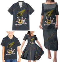 Custom Golden Bowling Shirts For Men, Flame Bowling Family Matching Puletasi and Hawaiian Shirt with Flaming Bowling Ball Striking Pins And Geometric Line Pattern - Wonder Print Shop